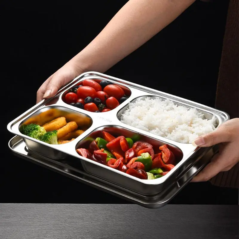 304 Stainless Steel Divided Dinner Plate With Lid Lunch Box Fast Food Tray Container 3/4/5 Section School Home Canteen Tray Dining Dish