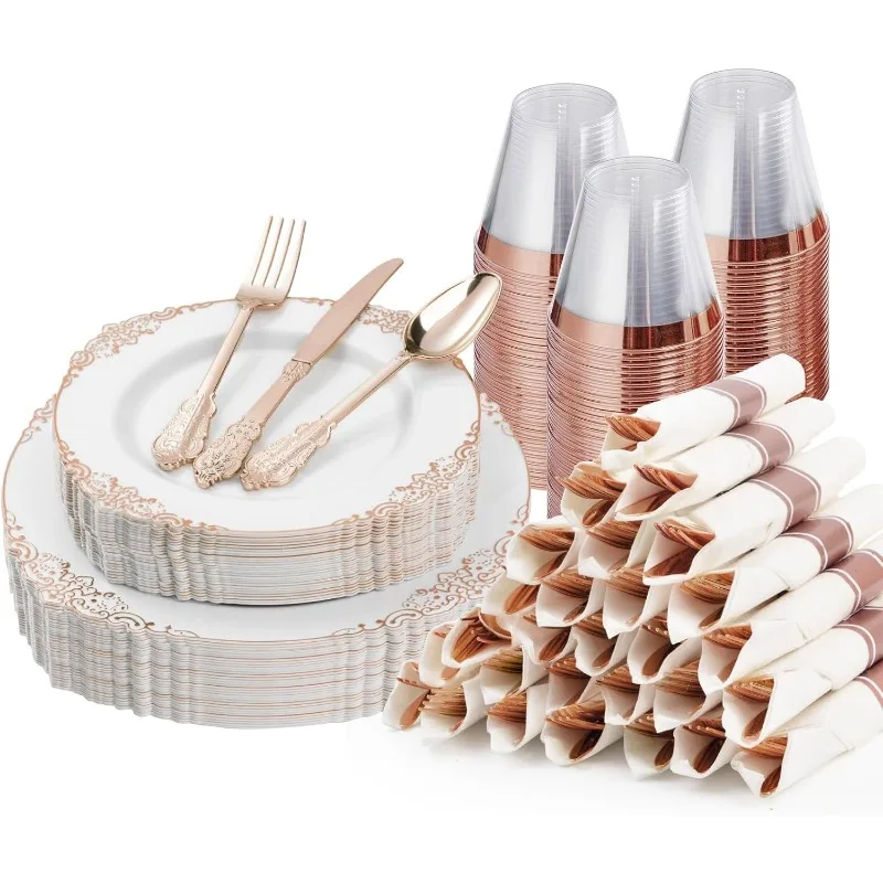 Description Picture 4 of item175PCS Plastic Plates for 25 Guests, Disposable Dinnerware Sets Include 50 Rim Plastic Plates, Silverware, Pre Rolled Napkins