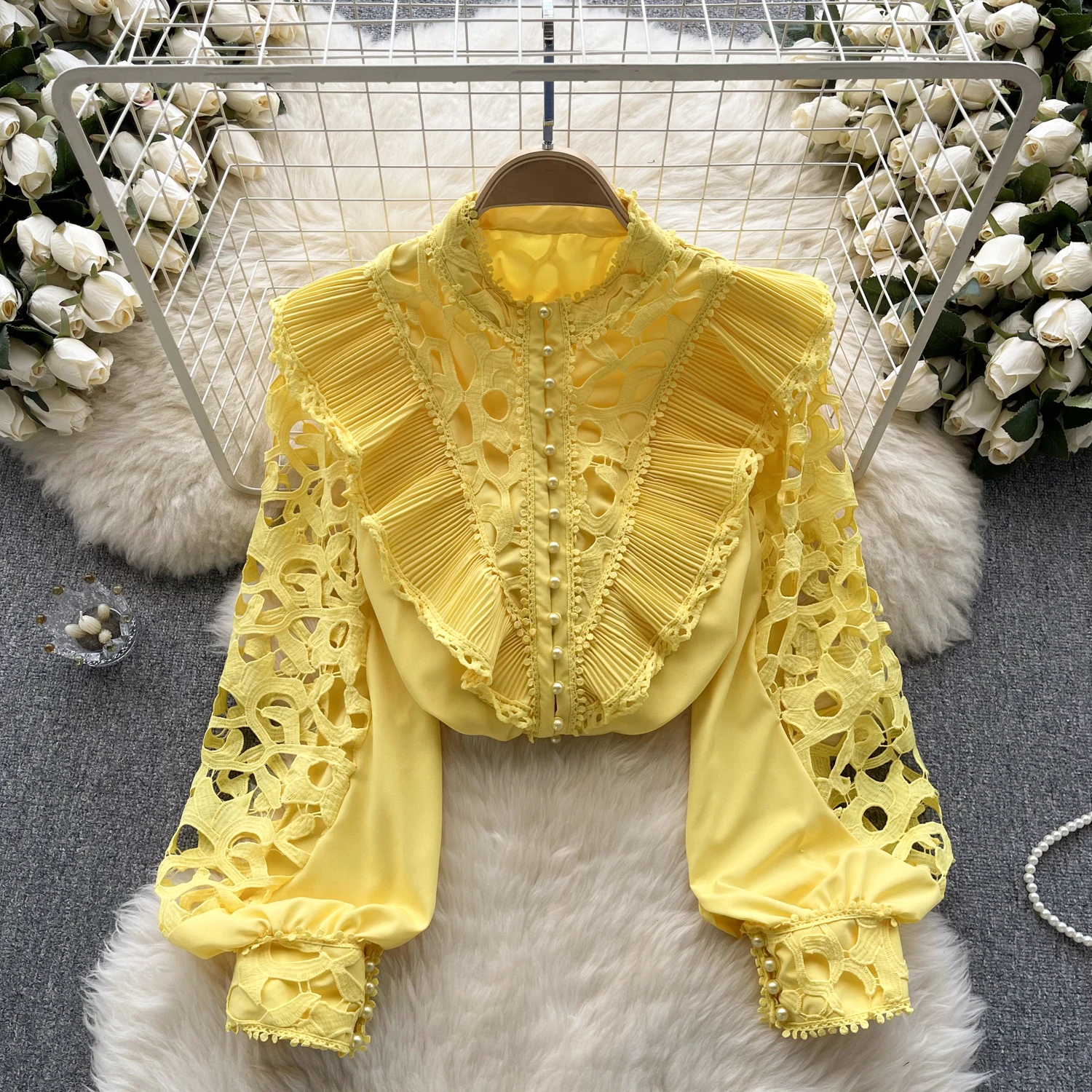 

Clothland Women Sweet Ruffled Blouse Hollow Out Long Sleeve Candy Color Shirt Vintage Retro Fashion Tops Mujer LB014