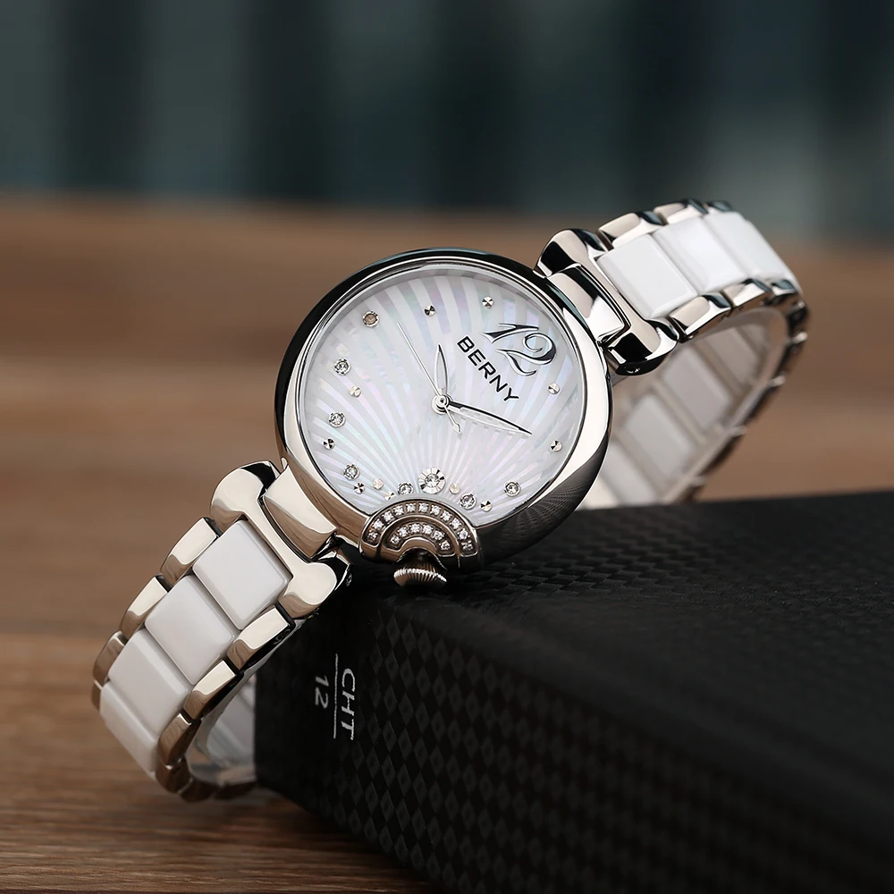 BERNY Ladies Quartz Watch Woman Ceramic Bracelet Butterfly Buckle Waterproof Watches Fashion Relogio Feminino Gift Жаночыя гадзі