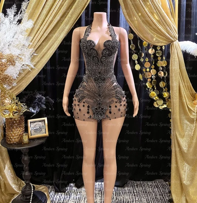 Little Black Cocktail Dress Rhinestone Short Birthday Gown Haute Crysta Halter Neck Leathers Back Prom Party