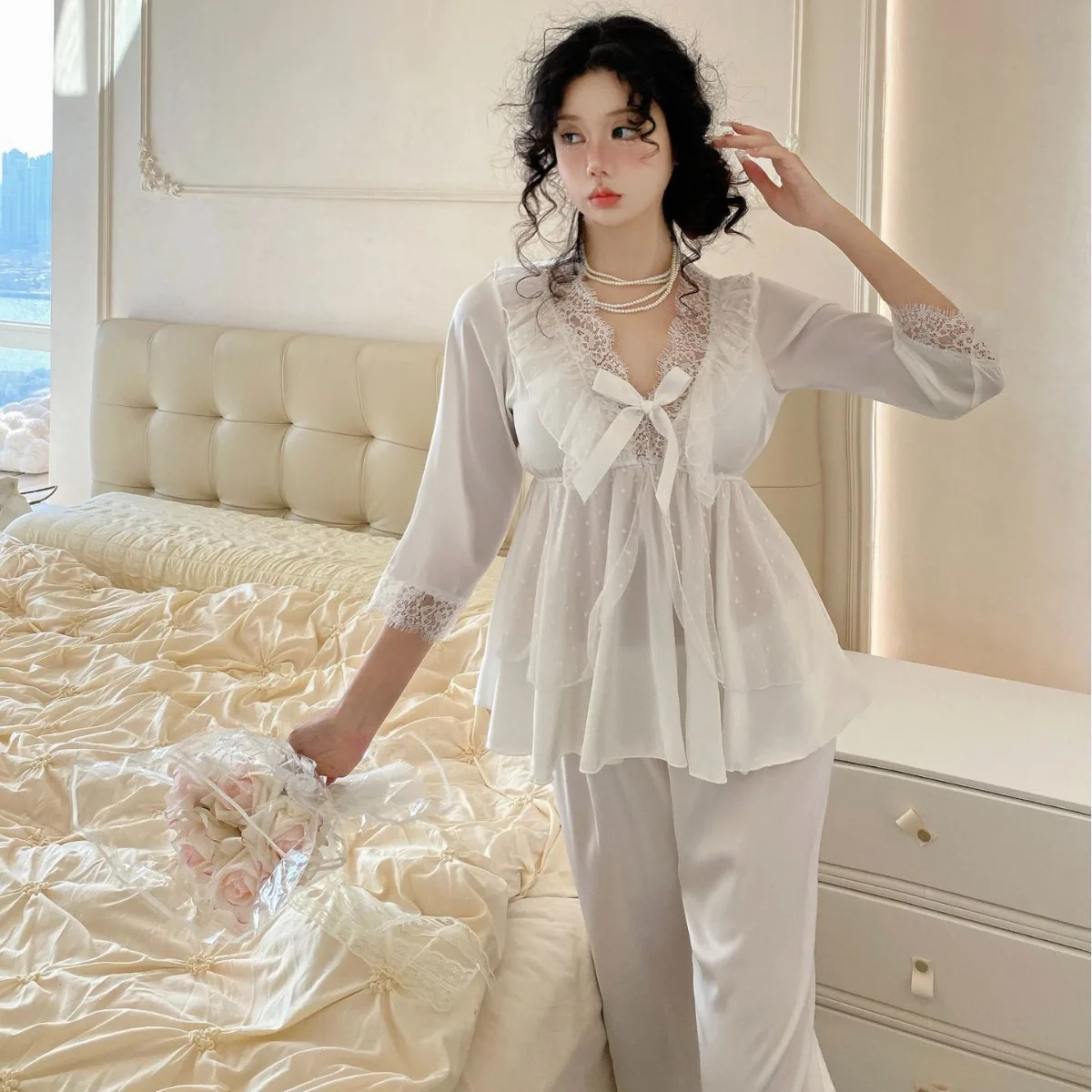 Female Pajamas Set Lace Long Sleeve Pyjamas Lingerie Spring Autumn Silky Satin Sleepwear Women Print Nightsuits Loungewear