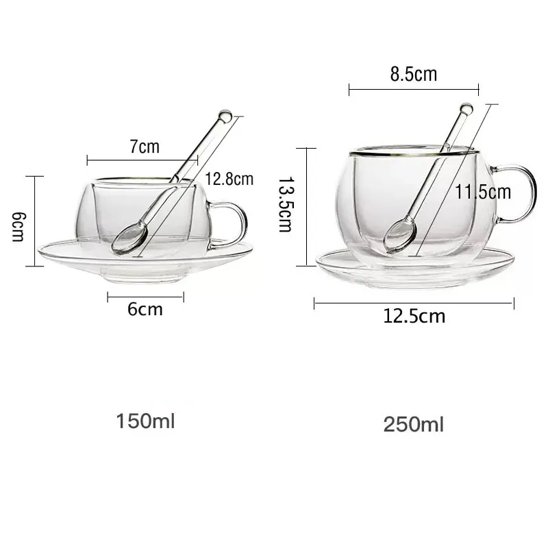 250ml Double Wall Glass Espresso Cups With Dish And Spoon Heat