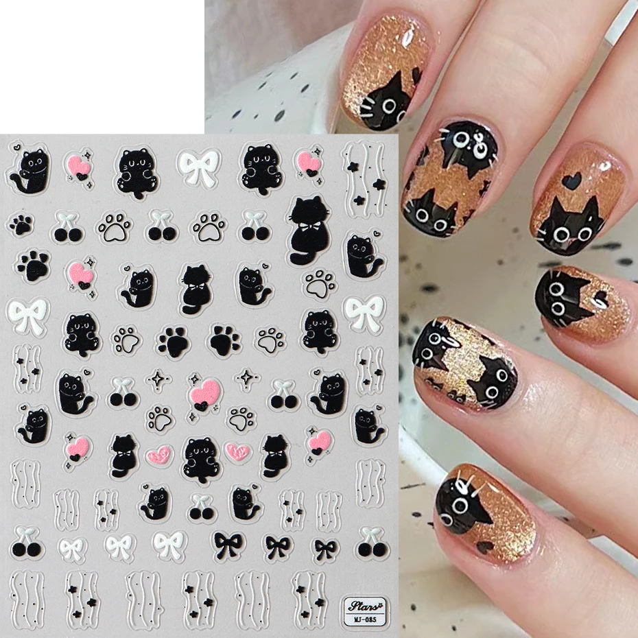 Cute Black Cat Nail Stickers Decals 5D Embossed Kawaii Cat Flowers Star Nail Art Decoration Cute Cartoon Sliders Summer Manicure 4