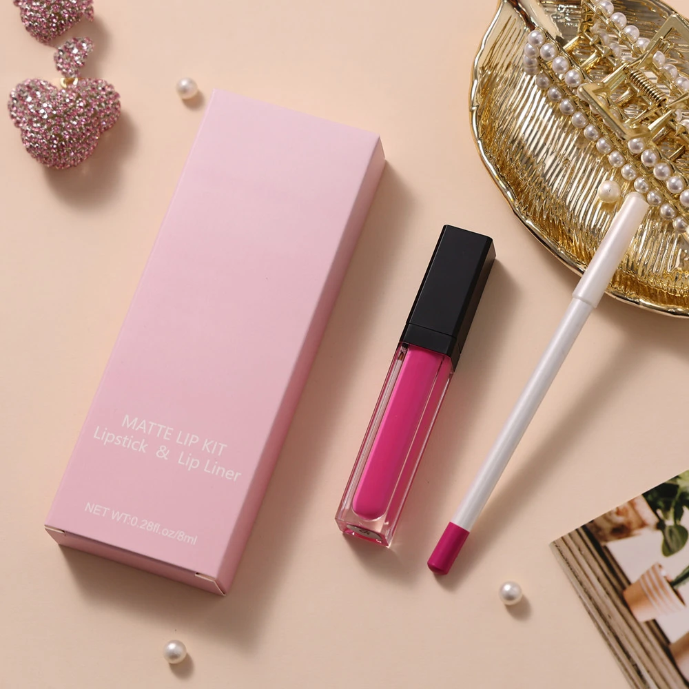 Paket Lip Liner dan Lip Gloss Lipstik Matte Cair Label Pribadi Tahan Air Tanpa Merek Grosir Paket Lip Kit Makeup Jumlah Besar Kemasan Pink