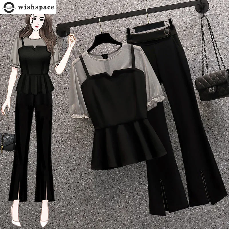 Ruffle Cut Lace Chiffon Shirt Wide Leg Trousers Two Piece Set Elegant Women's Pants Suit Sports and Leisure Suit Female Tracksui cartelo 2 piece men s herfger lapel solid color thin casual polo short sleeved shorts summer sports suit fashion trousers set