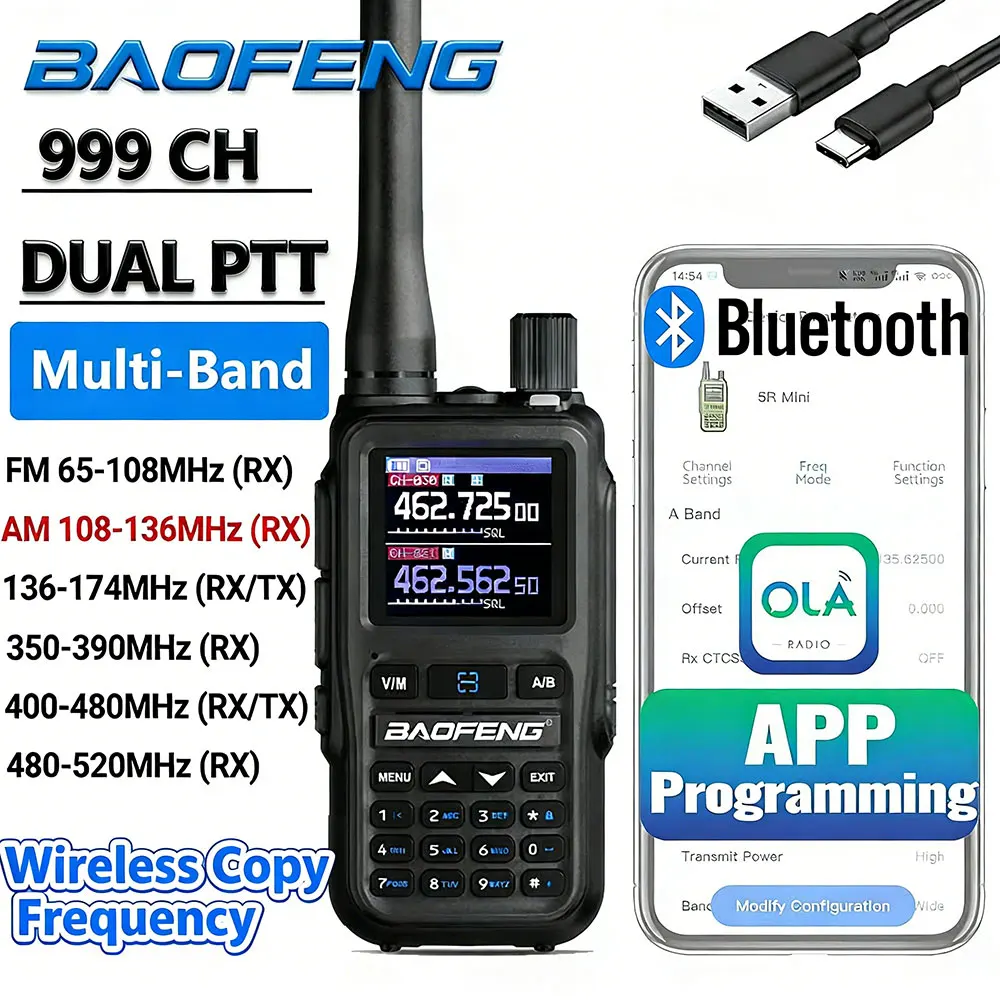 Radio bidirectionnelle longue portée BAOFENG UV-5R Mini Walkie Talkie avec programmation Bluetooth, fréquence double PTT, charge de type C, AM FM 1