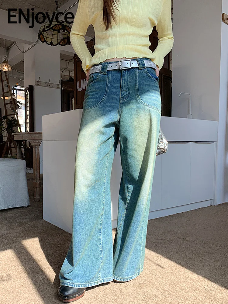 

Женские джинсы с широкими штанинами ENjoyce, синие винтажные свободные прямые джинсовые брюки в Корейском стиле, уличная одежда, для осени и зимы, Y2K