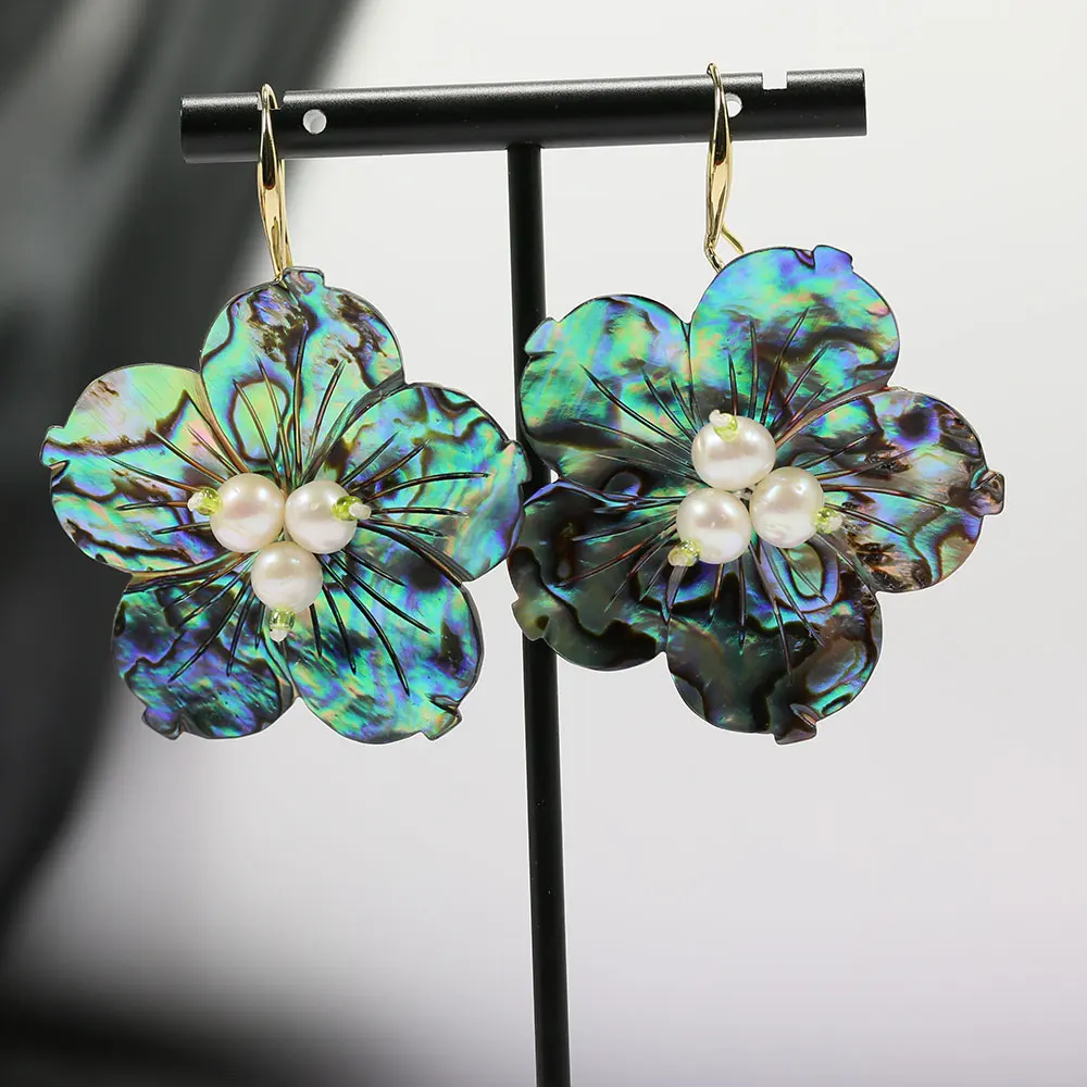 GG Natural White Pearl Rainbow Color Abalone Shell Flower Hook Earrings Simple Gifts For Women