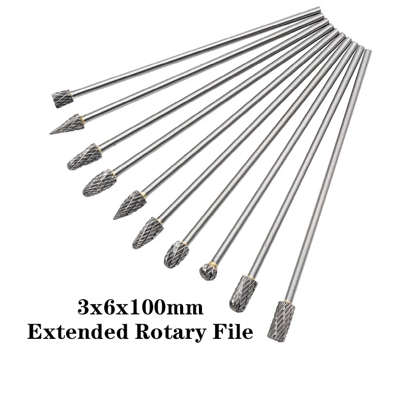 

3*6*100mm, 10Pcs, Tungsten Steel Grinding Head, Extended Carbide Rotary File, Metal Jade Polishing, Engraving Head