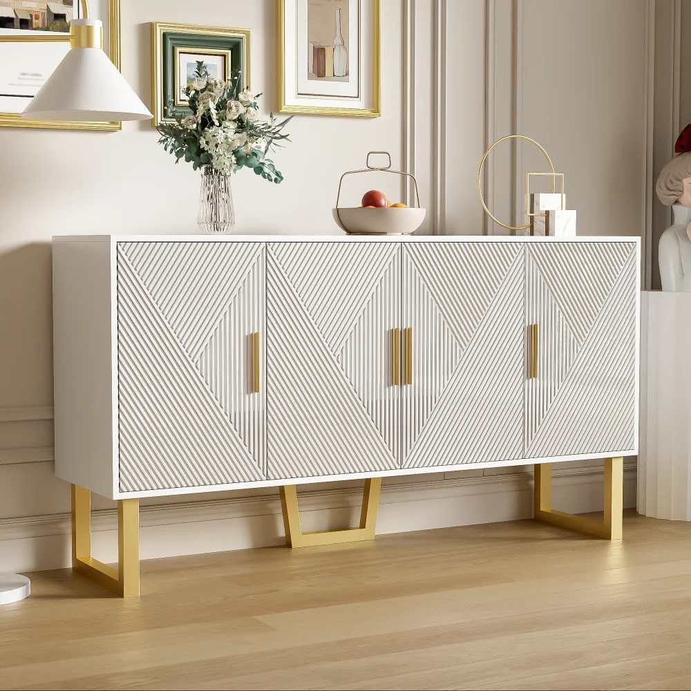 150 cm großes luxuriöses weißes Sideboard mit hochglänzenden strukturierten Türen und goldenen Griffen, 4-türiges Design, höhenverstellbare Regale – Detail 8