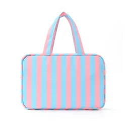 Striped Unisex Foldable Travel Toiletry Organizer with Hook - Large - Capacity and Portable for Cosmetics and Gym Essentials (Blue)