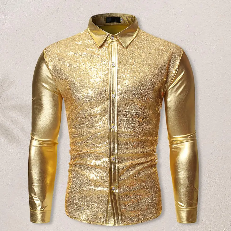 Chemise à paillettes métalliques pour hommes, manches longues, revers boutonné, chemise mince, costume d'Halloween, fête Chang  200000343