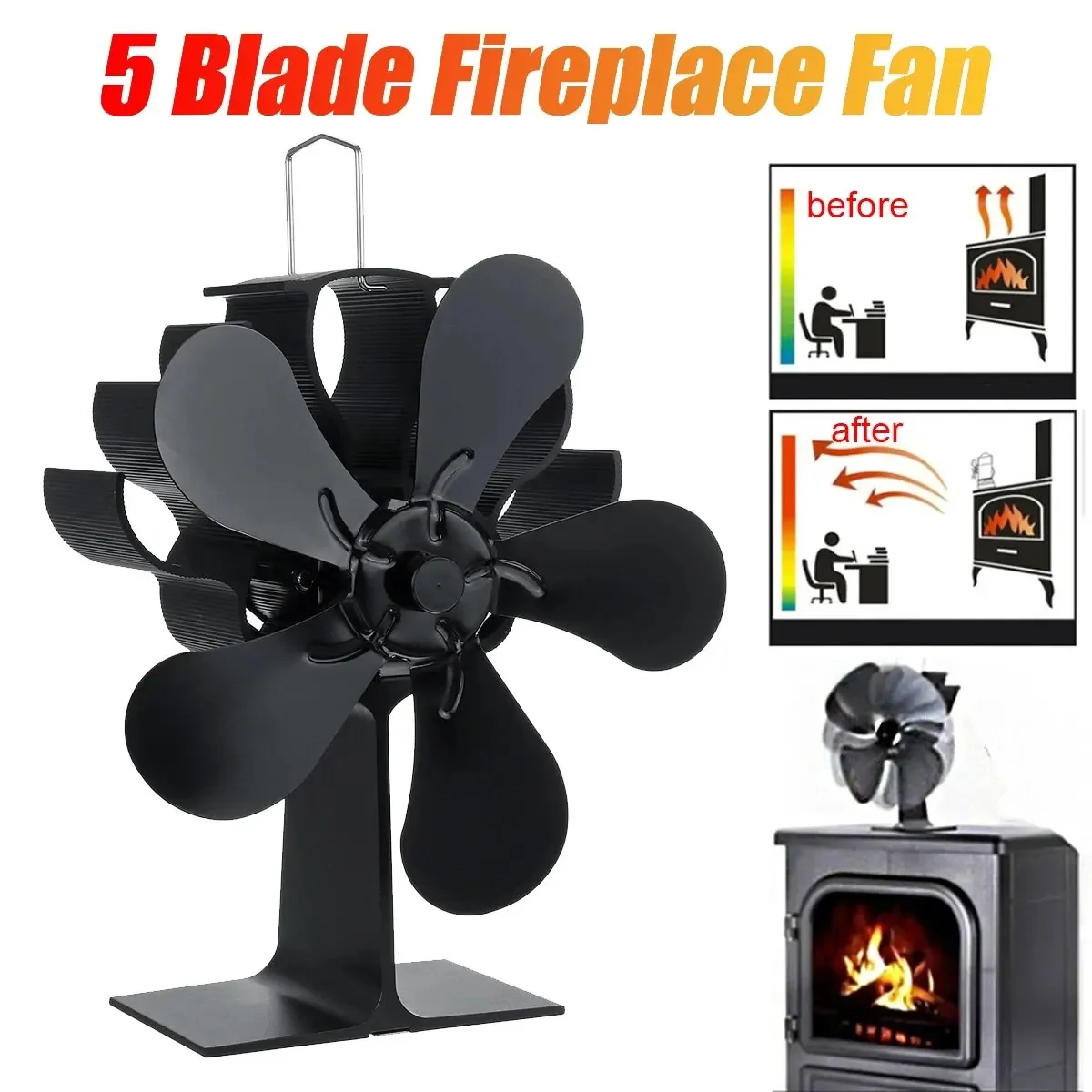 5-Blade Heat Powered Stove Fan Wood Log Burner Fireplace Quiet Environmental Fan Tool Efficient Heat Distribution Heater