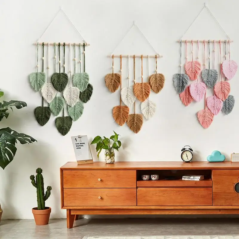 

Макраме с листьями и кисточками, Тканое хлопковое украшение в стиле бохо, настенное украшение, красочное украшение для гостиной, детской, квартиры