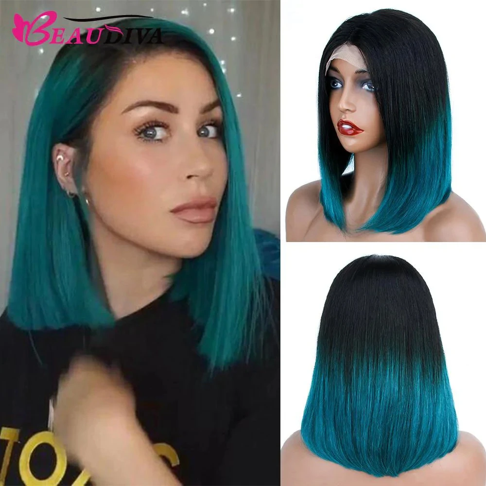 Straight Bob Wigs Blue Omber Color Lace Closure Human Hair For Women Blonde Ombre Colored 4x4x1 Straight Bob Human hair Wig