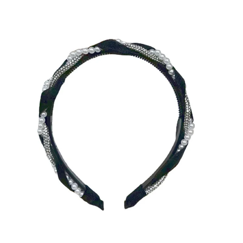 1pc Doppel Perle Strass Stirnband Elegante Spitze Geflochtene Haar Hoop mit Kristall Lünette Frauen und Mädchen Stilvolle Haar Zubehör – Detail 7
