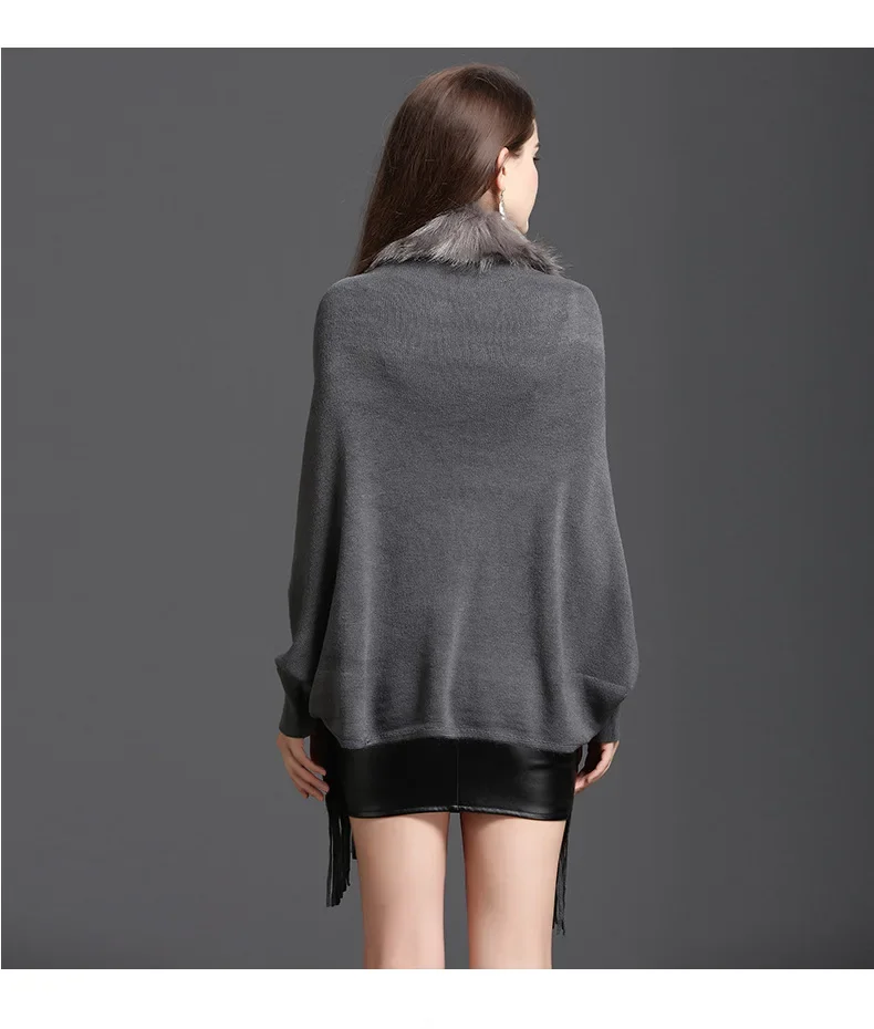 Description Picture 6 of item9 Colors Winter Autumn Knitted Long Sleeves Poncho Shawl Cloak Women Faux Fox Fur Loose Knitwear Tassel Cardigan Coat