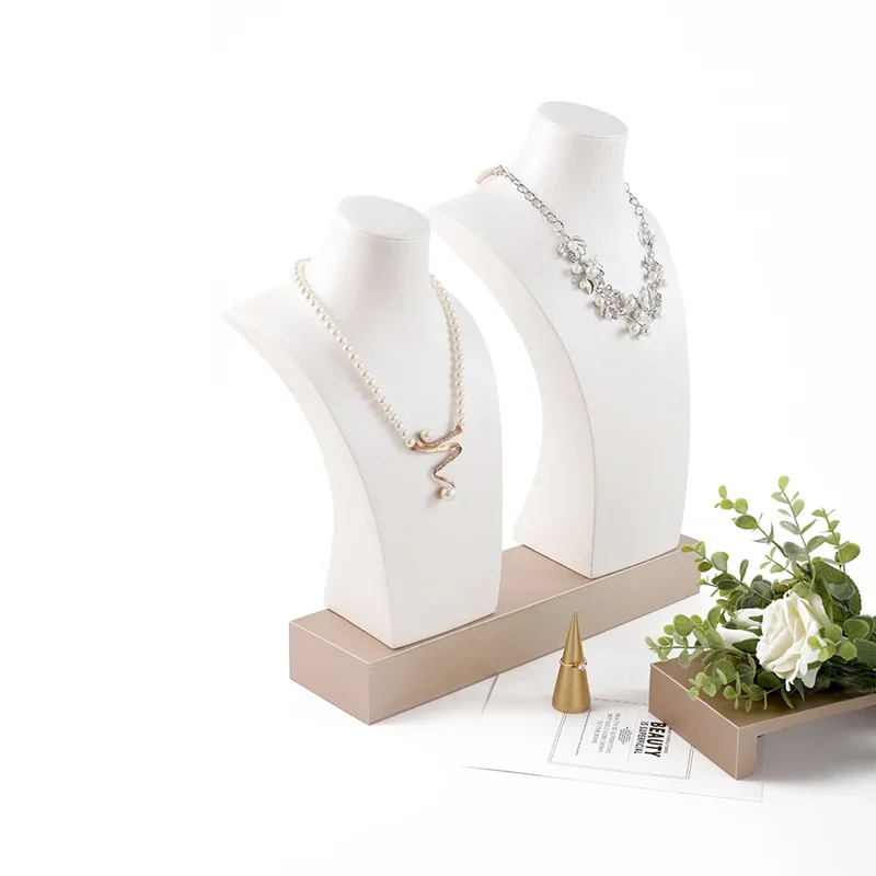 Elegant White PU Leather Pendant Necklace Chain Jewelry Display Holder Stand Bust Neckform Platform Window Counter Top Mannequin