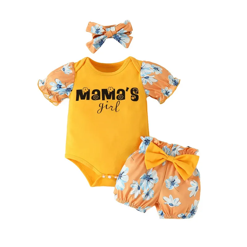 

Newborn Baby Girl 3Pcs Shorts Sets Summer Clothes Outfits Short Sleeve Bodysuit and Bow Shorts Headband Set Infant Baby Clothing