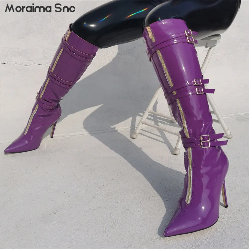 Purple Patent Leather Pointed-Toe Boots Stiletto High-Heeled Belt Buckle Middle Zipper Large Size Women's Knee-High Boots