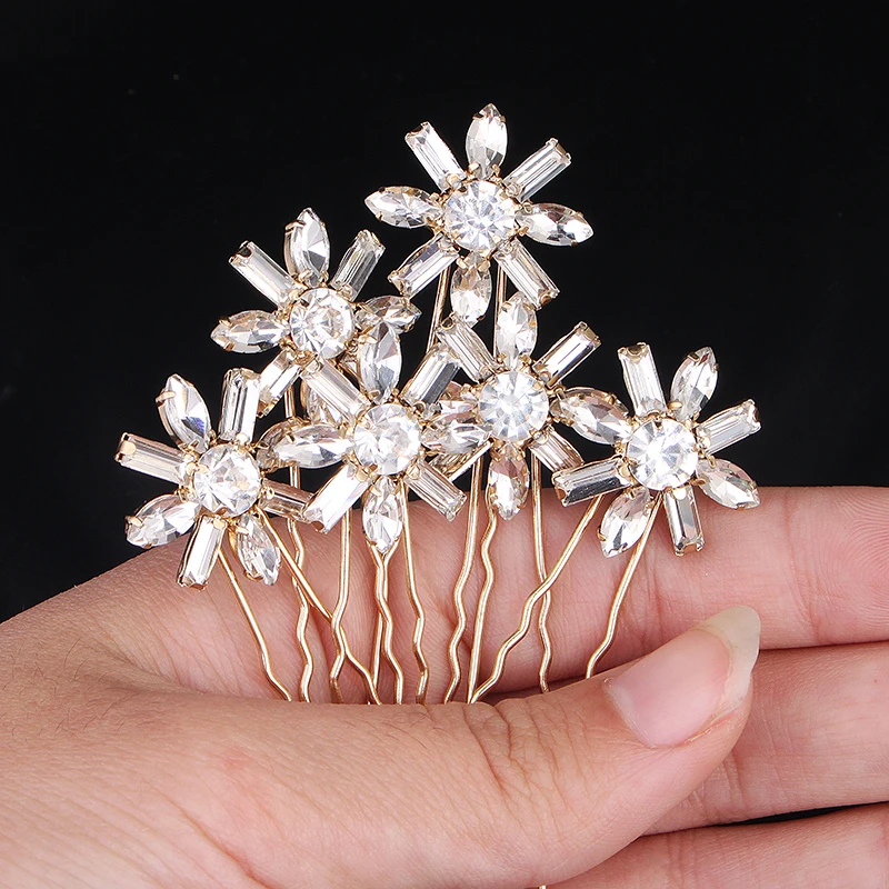 Fashion 6pcs/lot Bridal Hair Pin Flower Pattern Crystal Hair Combs Clear Rhinestones Stick Wedding Jewelry Accessories