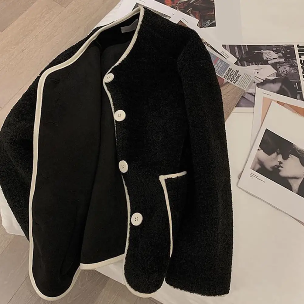 

1Pc Women Loose Jacket Color Matching Women Jacket Stylish Women's Round Neck Cardigan Coat Thick Warm Fashionable Winter Jacket