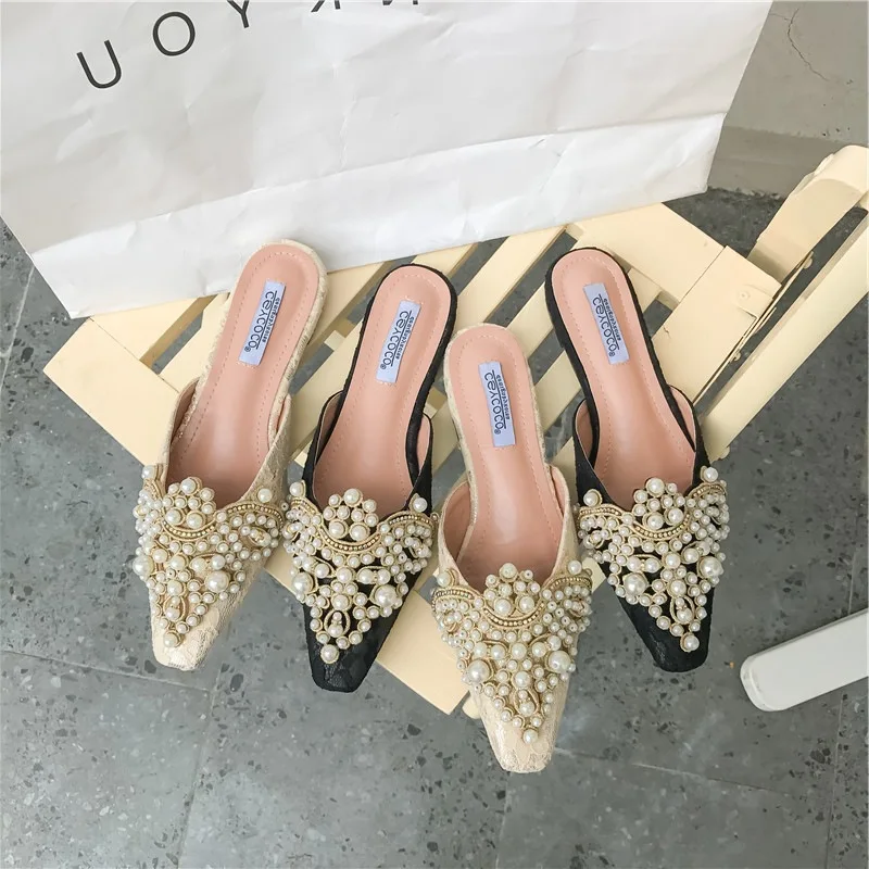 

Fashion Summer Slippers For Women Casual Shoes Outside Slip-on Lace Flats Womans Mules Baotou Solid Modern Slipper Female Slides