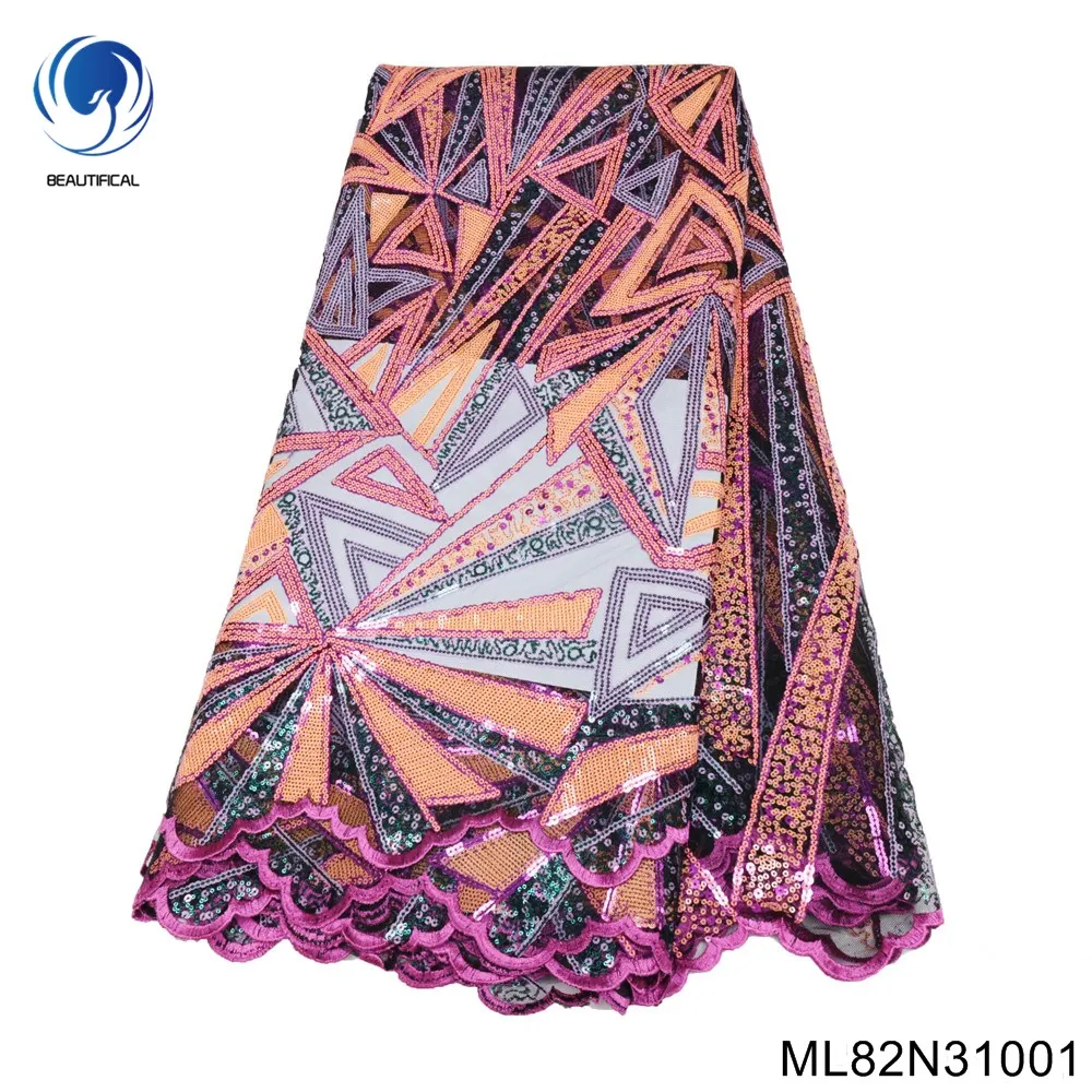 

New Design Irregular Pattern African Multicolor Sequins Decorate with Tulle Lace Fabric for Big Occasion Dress ML82N310