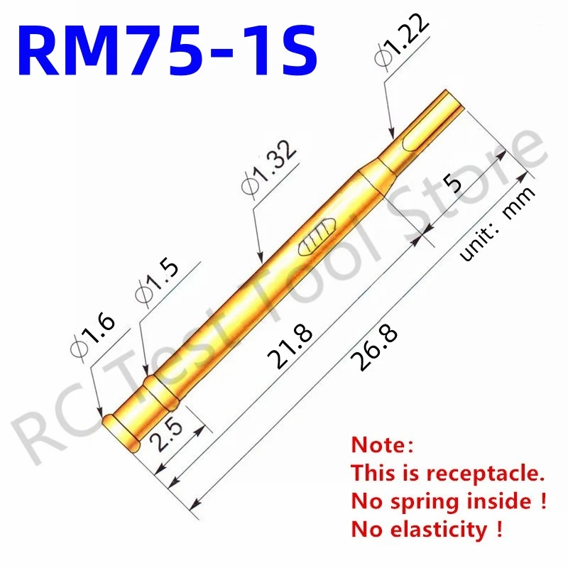 

100PCS RM75-1S Test Pin PM75-B1 Receptacle Brass Tube Needle Sleeve Seat Solder Connect Probe Sleeve 26.8mm Outer Dia 1.32mm