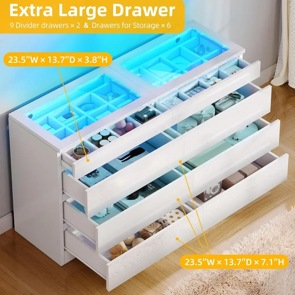 8 Drawer Dresser w LED,White Dresser, 8 Chest of Drawers w Deep Drawers Glass Top High Gloss Surface,Storage Organizer Cabinet 4