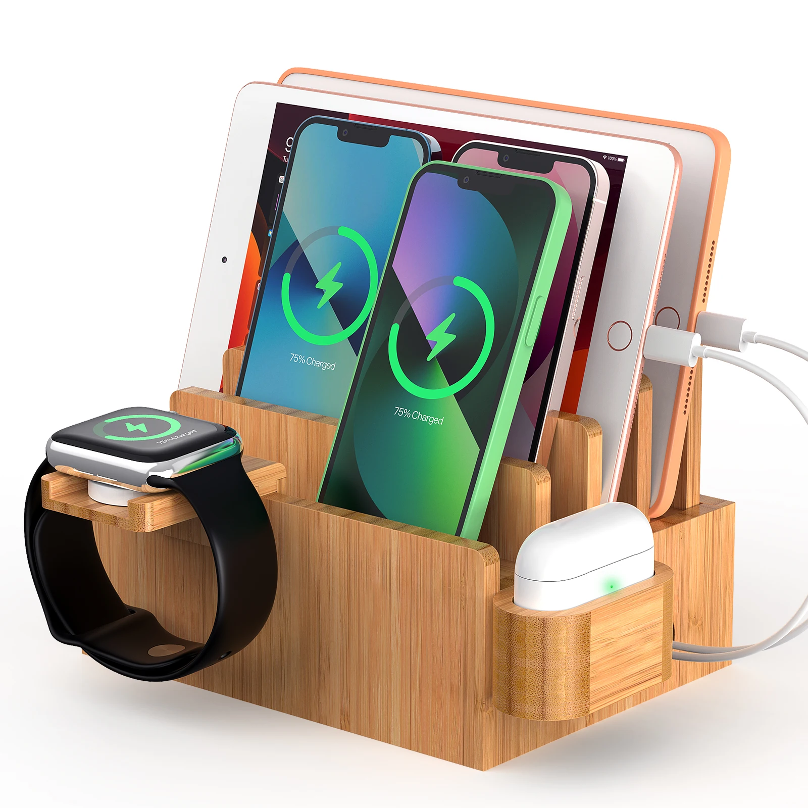 여러 장치를 위한 대나무 충전 스테이션 휴대폰 태블릿용 데스크탑 도킹 스테이션 홀더 SmartWatch 및 이어버드 스탠드..