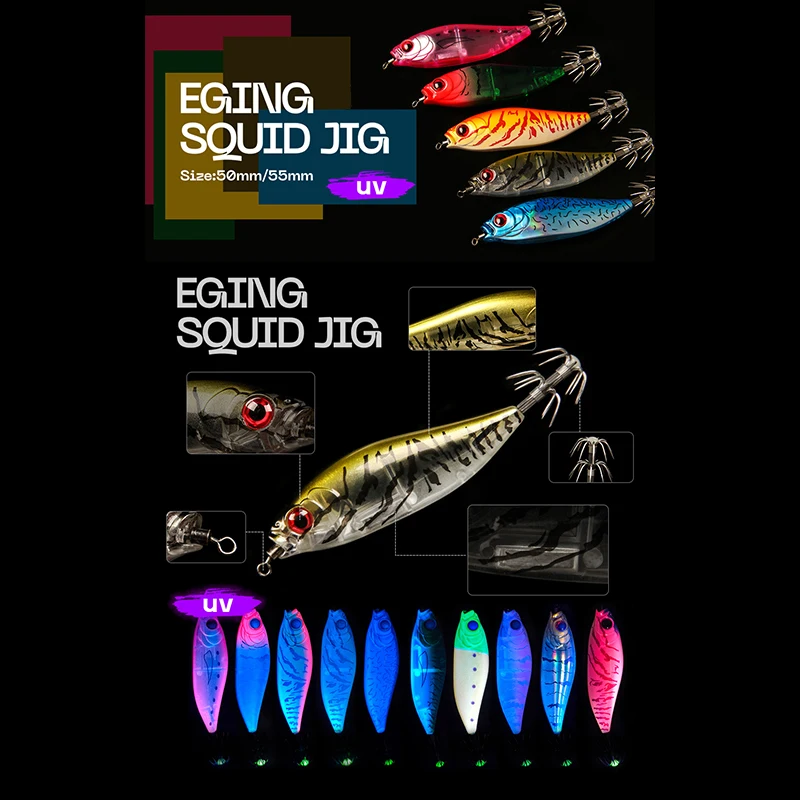 50/55 Mm Leucht Tintenfisch Jig Haken Salzwasser Glow Tintenfisch Jigs Fluoreszierende Tintenfisch Hülse Angeln Jigs Tintenfisch harte Nacht Köder – Detail 3