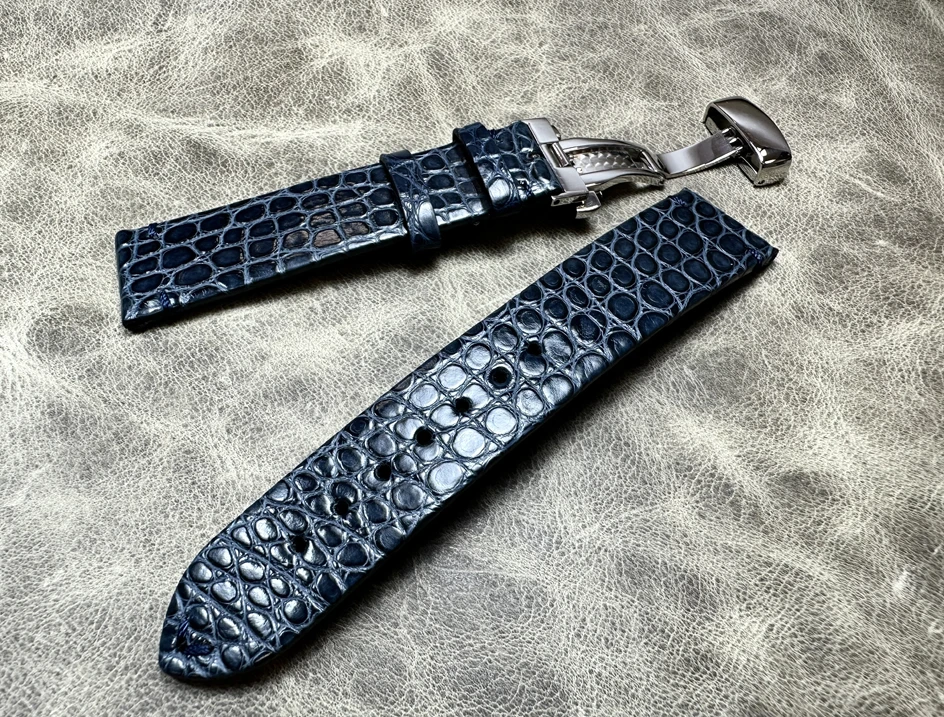 

Blue and black Handmade High quality American Alligator Leather Strap 18mm 19mm 20mm 21mm 22mm Strap Butterfly Buckle Watch Band