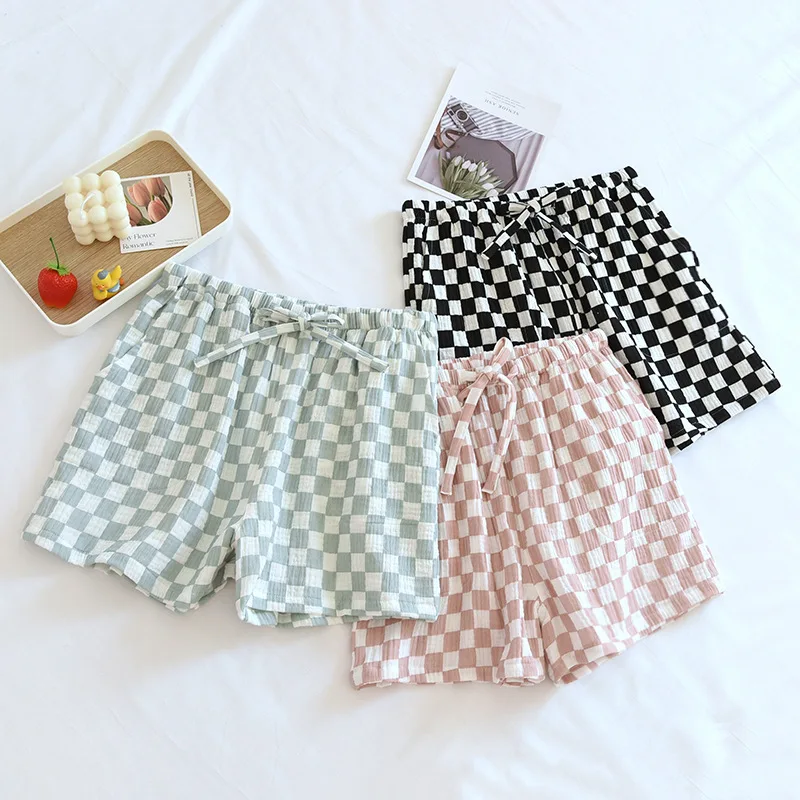2023 Japanese Summer New Women's Pajama Pants 100% Cotton Crepe Simple Plaid Shorts Ladies Triple Pants Home Pants Cute bottoms