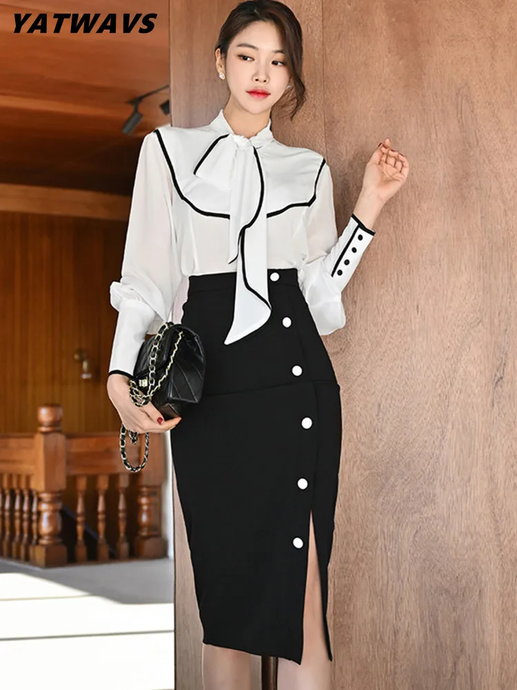 

Women Designer Set Autumn Elegant Lace-Up Bow Blouses & Fashion Split Sheath Pencil Skirt Korean Simple Laty Work 2 Pieces Suit