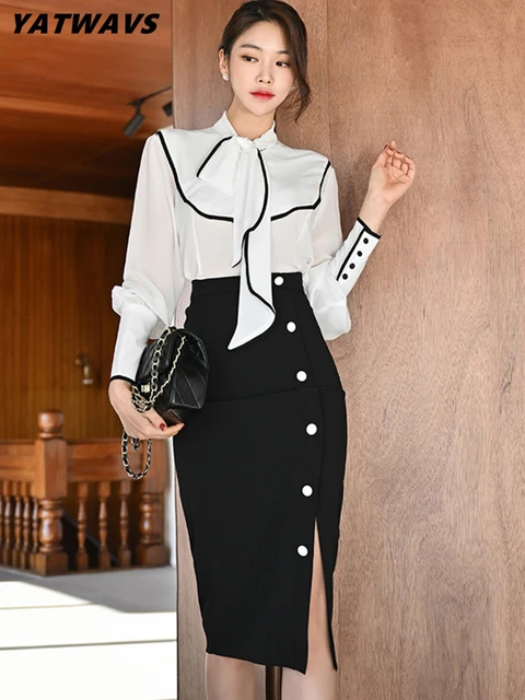 Conjunto 2 de diseñador para mujer, blusa elegante con lazo y Falda de tubo con abertura a la moda, traje de trabajo coreano Simple Laty, otoño - AliExpress Mobile