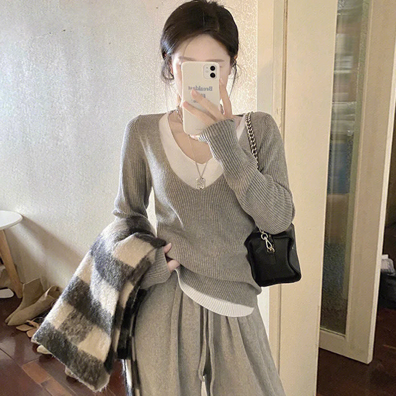 Women Knitted V Neck Long Sleeve Slim Sweater