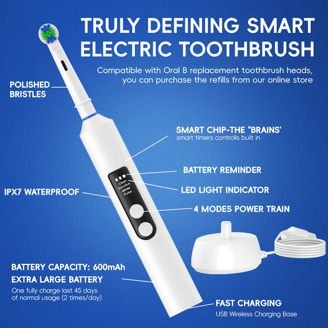 Smart Rotating Wireless Charging Electric Toothbrush, 4 Modes Rechargeable Rotation Toothbrush Compatible with Oral B Brush Head 2