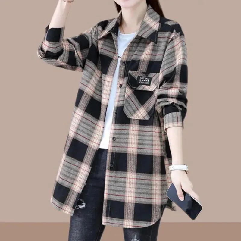2023 Spring and Autumn New Loose Slim Medium Length Checked Shirt Women Foreign Style Age Reducing Coat Versatile Top