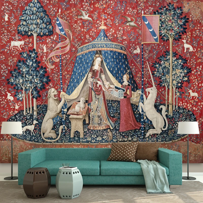 Belgische Dame und ein Einhorn in Fähigkeit Wandteppich, mittelalterliche Wandteppiche, Wandbehang, bedruckt, Heimdekoration, Hintergrund, Raumdekoration – Detail 2