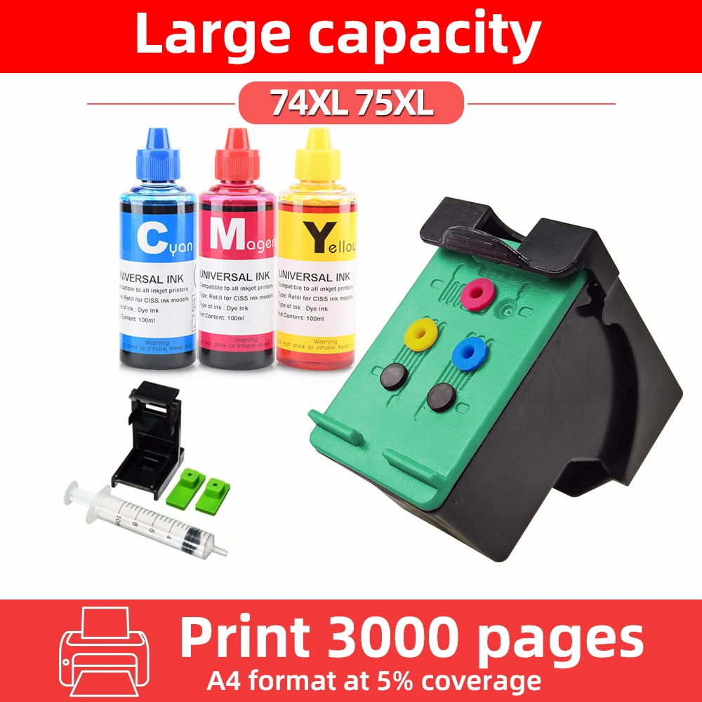 74 75 XL Ink Cartridge Refill Remanufactured for HP 74XL 75XL