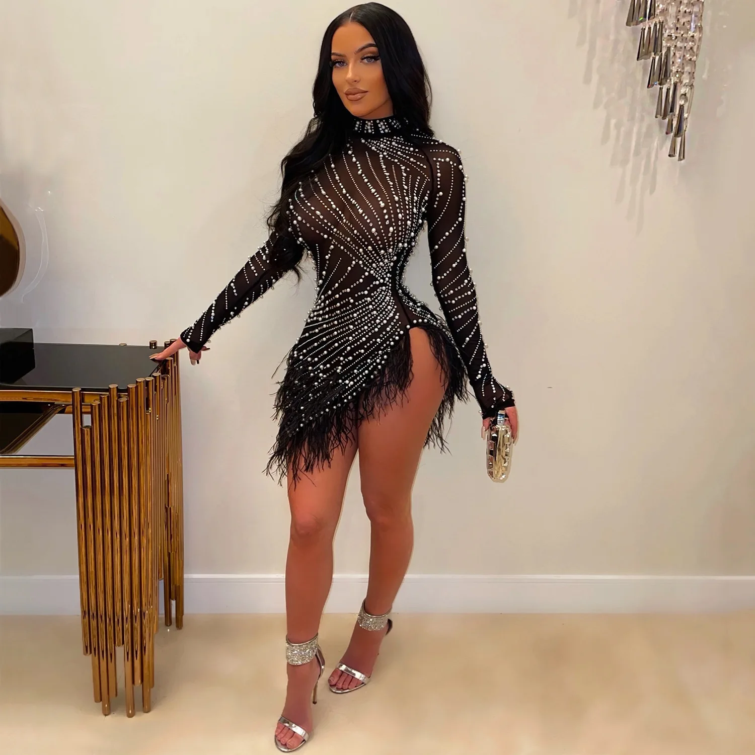

Women Sexy Pearls Sequins Rhinestone Bodycon Mini Dress See Through Feather Fall Winter Birthday Party Club Night Dress Vestidos