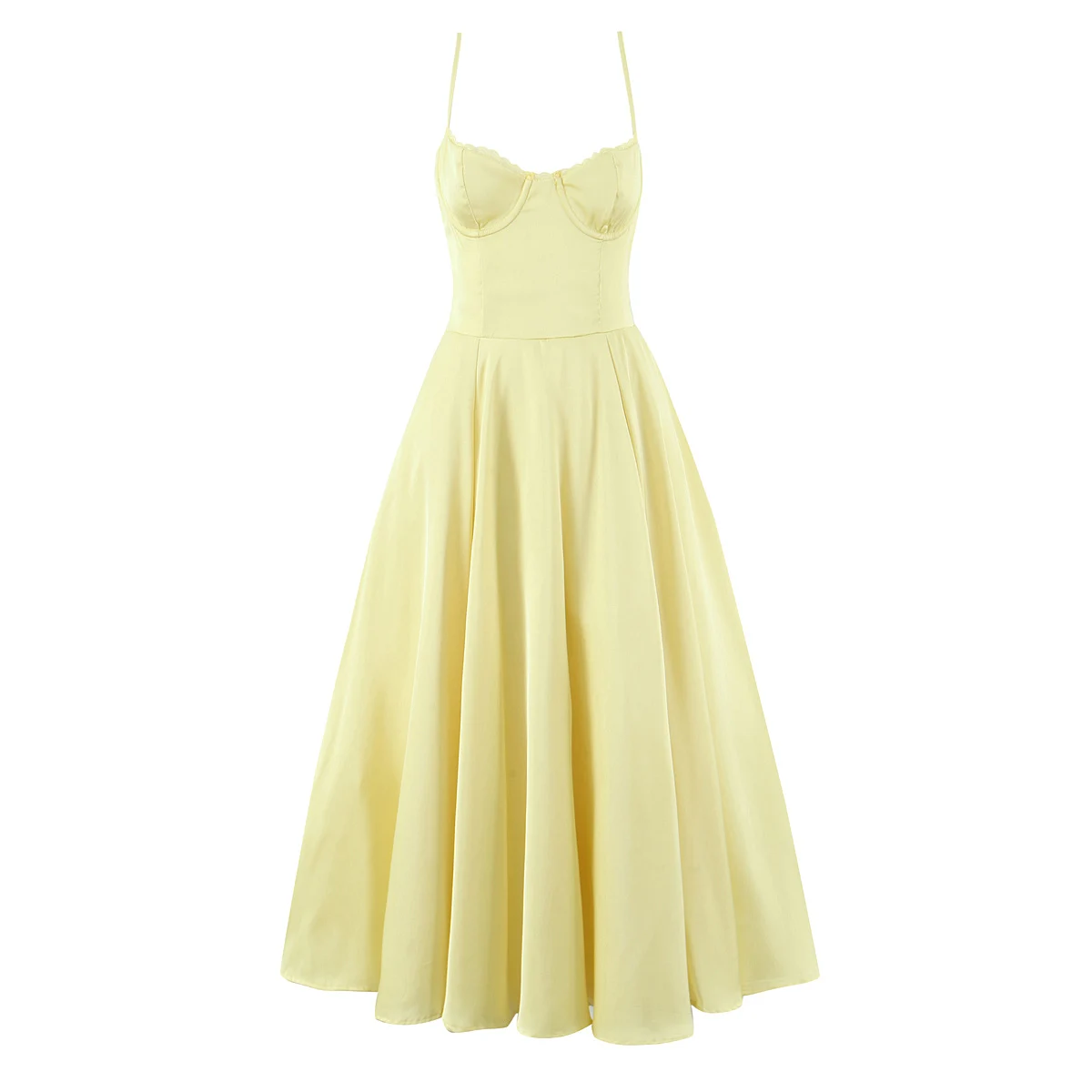 2025 Sexy Yellow Satin Corset Style Sling Midi Dress Women Wire