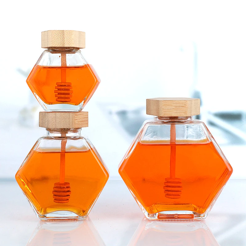 

Hexagonal Glass Honey Jars with Wood Cover, Convenient, Wedding, Birthday Party, Return Gifts, 10 Units