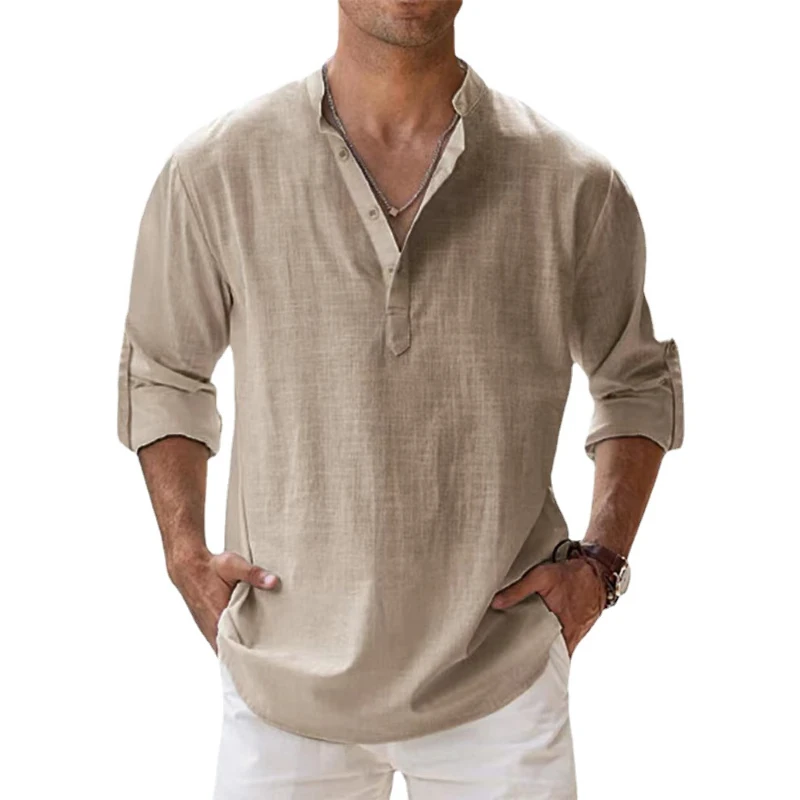 Cotton Linen Shirts Lightweight Long Sleeve Henley Beach Hawaiian T