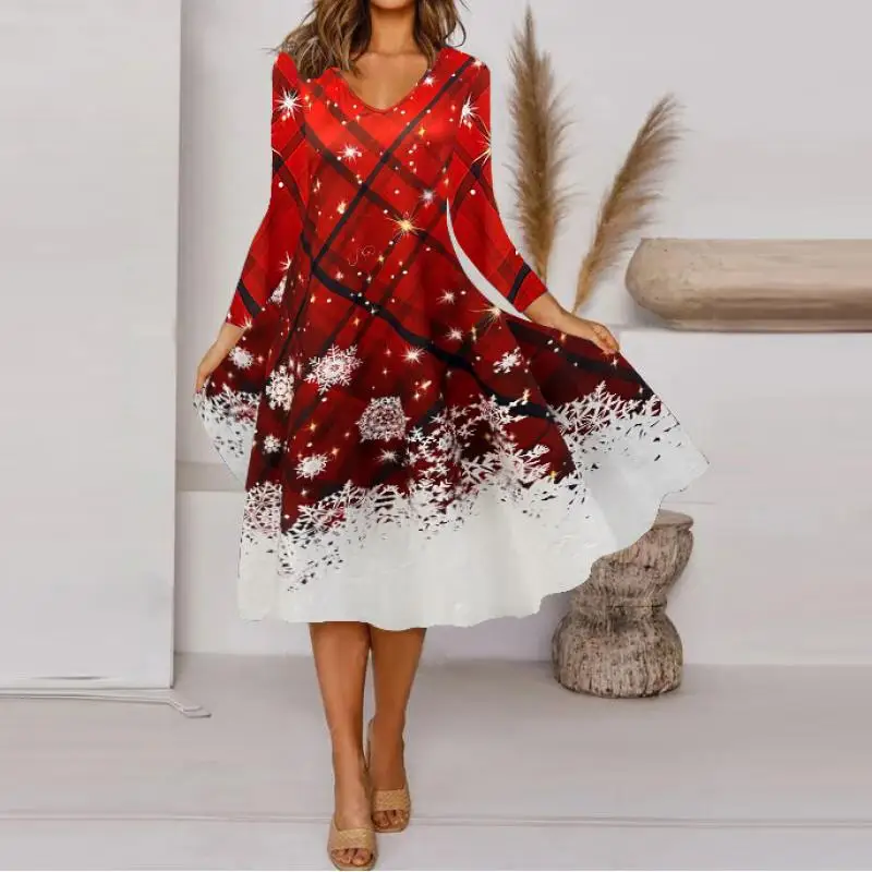 

Plus Size Casual Dress V Neck Women's Plus Colorblock Plaid Print Long Sleeve Dress