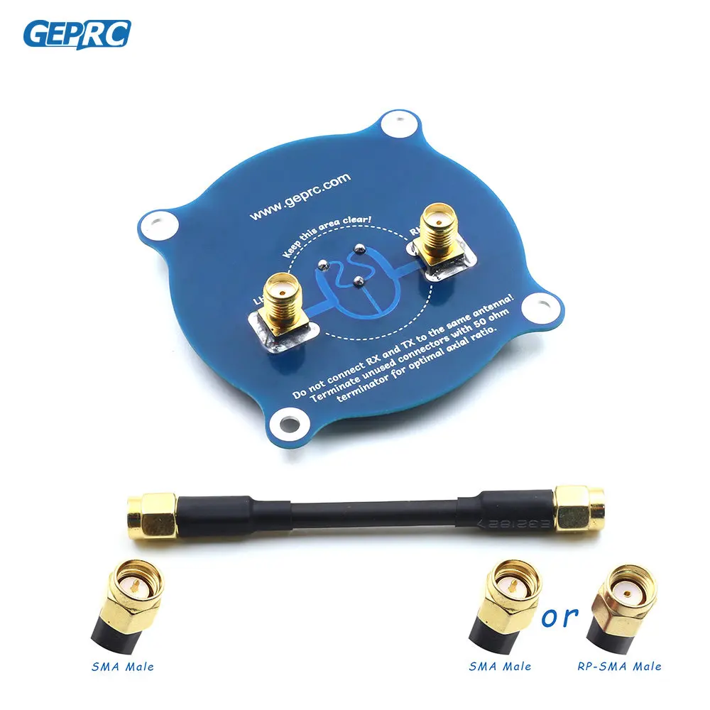 Antenne FPV 5.8GHz 9.4dBi GEPRC Triple Patch-1 installée sur un drone, polarisation circulaire visible.