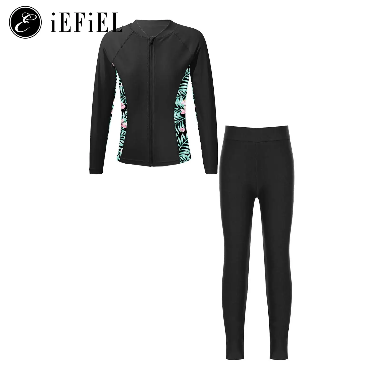 

Big Girls Upf 50+ Swim Cover Up Sets Athletic Rash Guard Swimsuit Long Sleeve Zip Up Swim Coat with Swim Leggings Tankini