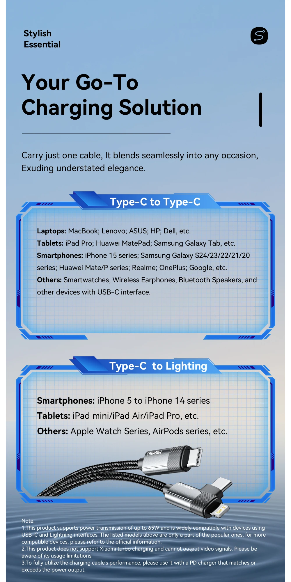 Essager PD 65W Max 2 في 1 من النوع C إلى النوع C والبرق لهاتف Samsung Xiaomi IPhone 14 13 12 11 Pro Max Xs Plus كابل بيانات